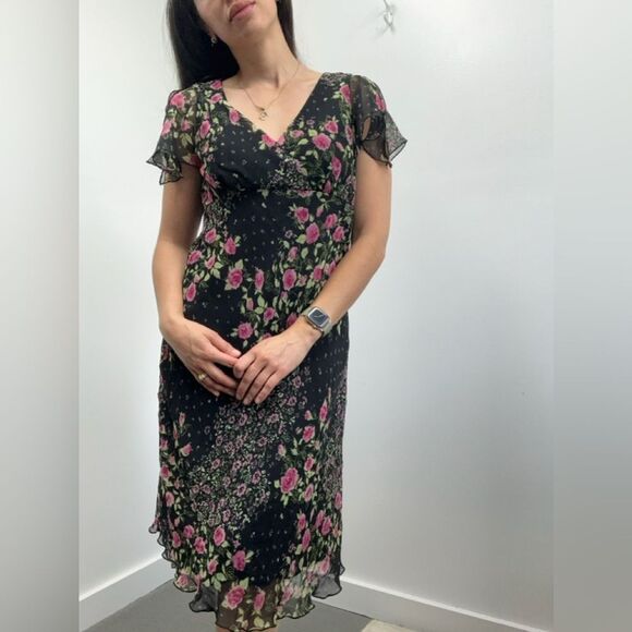 Vintage Y2K Black & Pink Ruffle Flutter Sleeve V-neck Midi Dress Size 8 - Picture 3 of 10